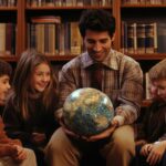 Teacher shows the globe to the students