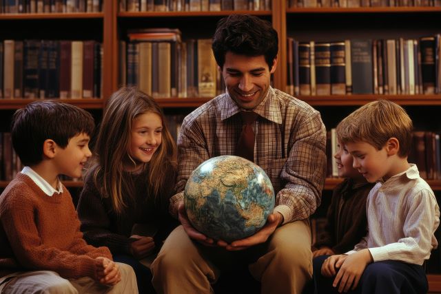 Teacher shows the globe to the students