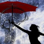 A girl holding the umberlla to the brain